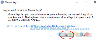 Hộp thoại xác nhận kích hoạt Mouse Keys Hộp thoại xác nhận kích hoạt Mouse Keys