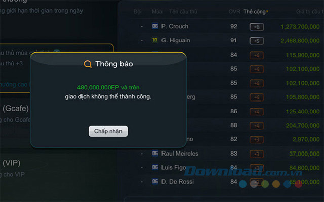 Thông báo vượt quá giới hạn cầu thủ