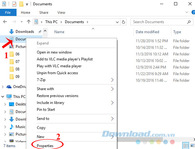 Kích chuột phải vào Documents và chọn Properties. Kích chuột phải vào Documents và chọn Properties.