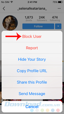 Chọn Block User Chọn Block User