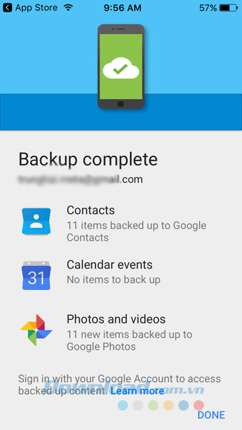Quá trình sao lưu dữ liệu hoàn tất Quá trình sao lưu dữ liệu hoàn tất