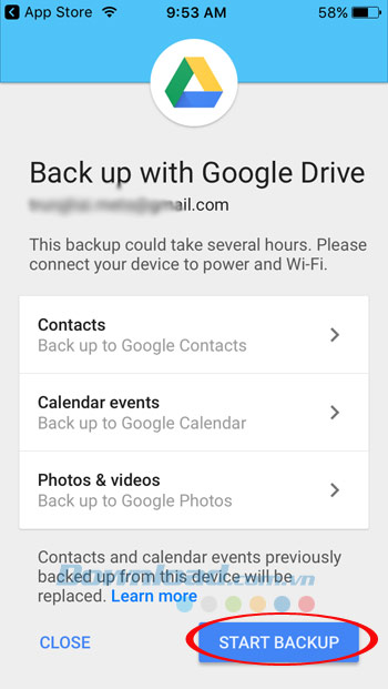 Bắt đầu sao lưu dữ liệu Bắt đầu sao lưu dữ liệu