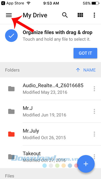 Nhấn vào Menu Google Drive Nhấn vào Menu Google Drive
