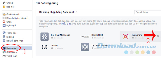 Tắt ứng dụng kết nối với Facebook