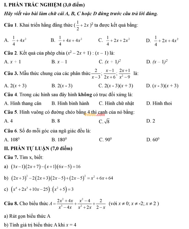 Đề thi hk1 môn Toán lớp 8 Đề thi hk1 môn Toán lớp 8