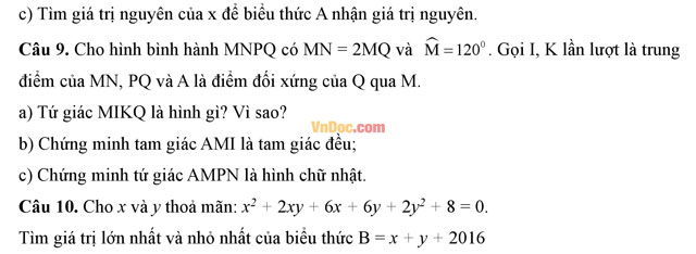 Đề thi hk1 môn Toán lớp 8 Đề thi hk1 môn Toán lớp 8