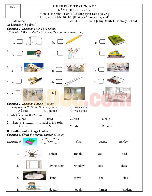 Đề thi học kỳ 1 môn tiếng Anh lớp 4 MỚI NHẤT có đáp án