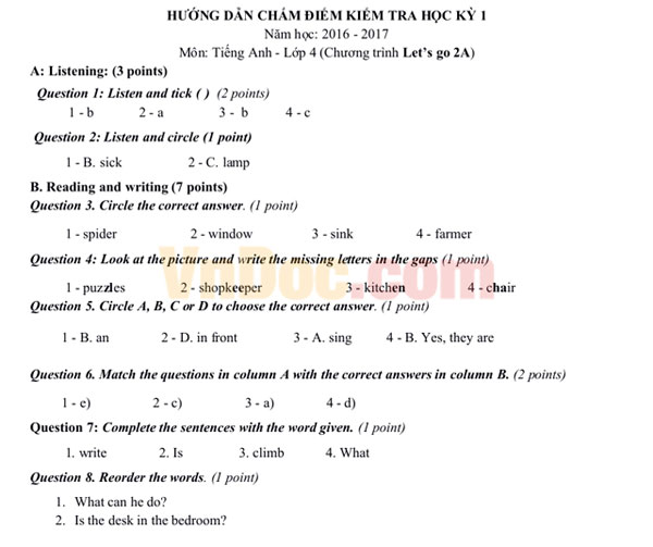 Đề thi học kỳ 1 môn tiếng Anh lớp 4 Chương trình Let’s go 2A năm học 2016 - 2017 có đáp án