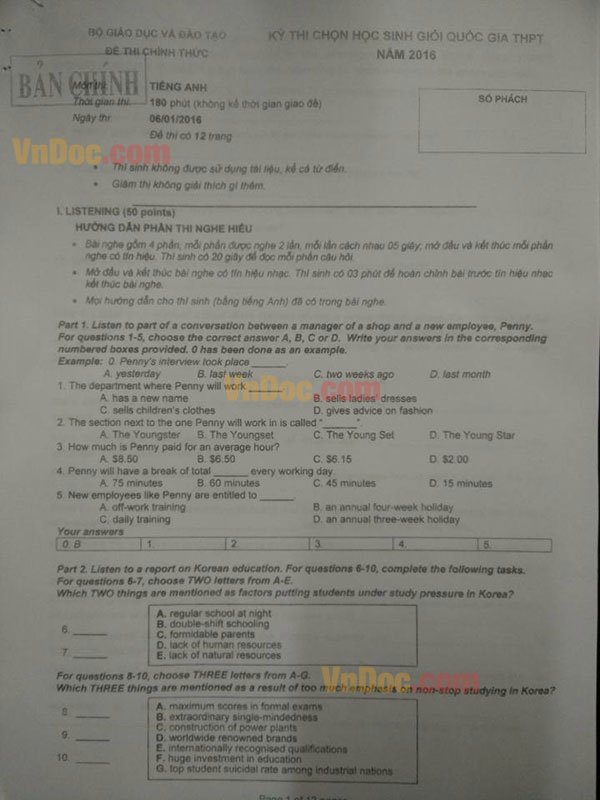 Đề thi chọn học sinh giỏi Quốc gia năm 2016 môn Tiếng Anh