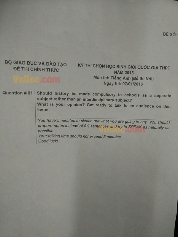 Đề thi chọn học sinh giỏi Quốc gia năm 2016 môn Tiếng Anh  