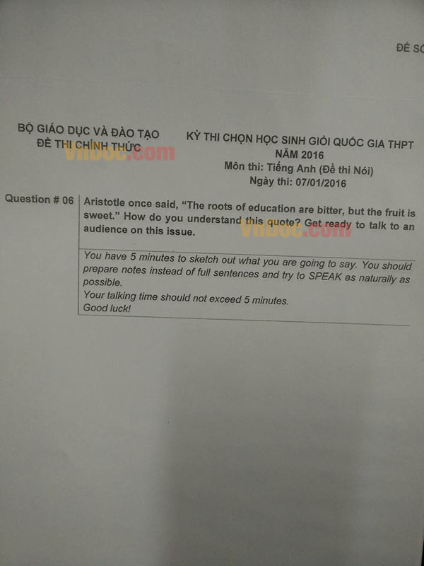 Đề thi chọn học sinh giỏi Quốc gia năm 2016 môn Tiếng Anh  