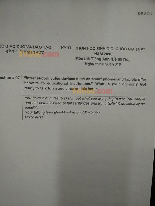 Đề thi chọn học sinh giỏi Quốc gia năm 2016 môn Tiếng Anh  