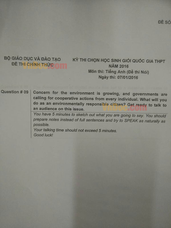 Đề thi chọn học sinh giỏi Quốc gia năm 2016 môn Tiếng Anh  