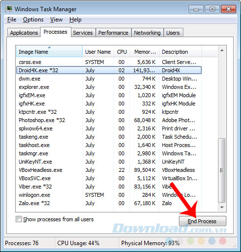 Chọn End Process Chọn End Process