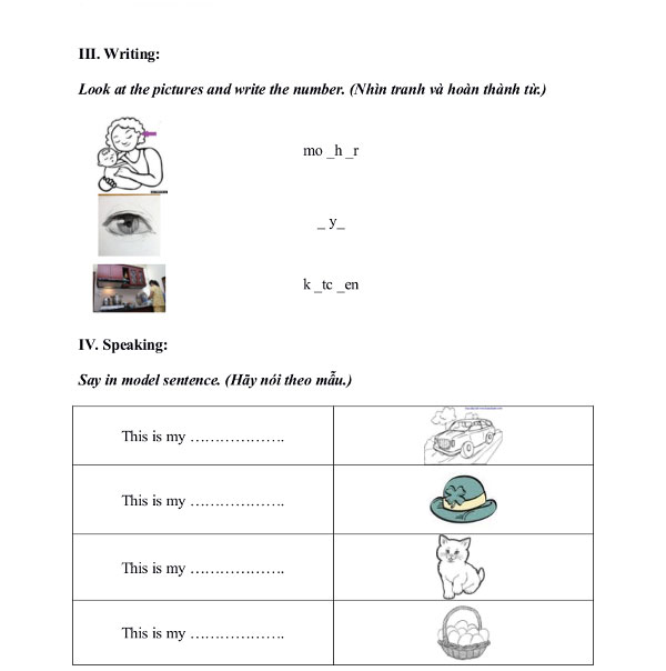 Bộ Đề thi học kỳ 1 môn Tiếng Anh lớp 1 trường Tiểu học Đặng Cương, Hải Phòng có đáp án