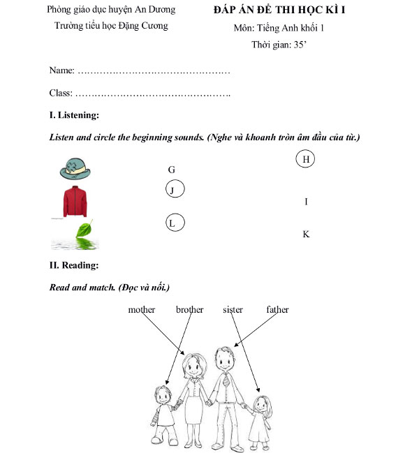 Đề thi học kỳ 1 môn tiếng Anh lớp 1