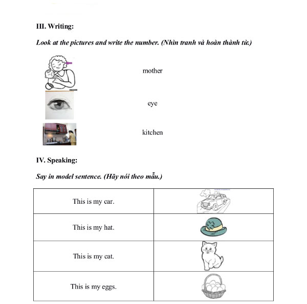 Đề thi học kỳ 1 môn tiếng Anh lớp 1