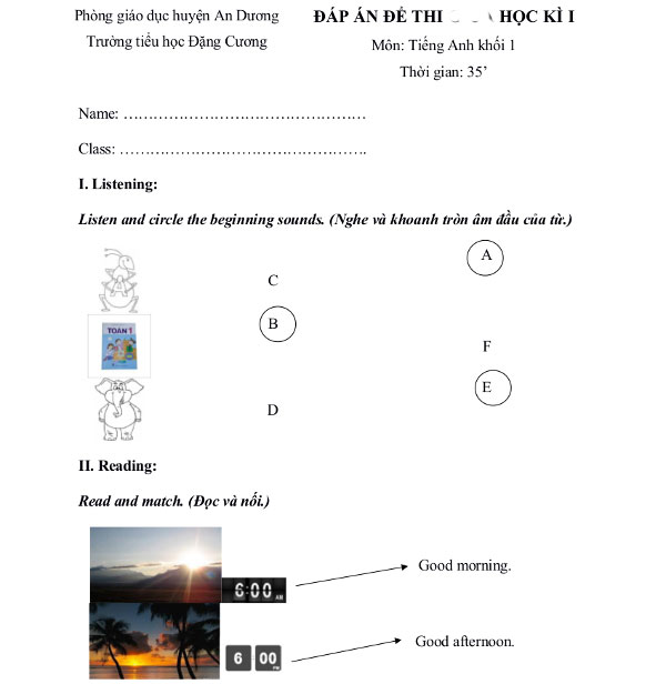 Bộ đề thi tiếng anh cho học sinh lớp 1