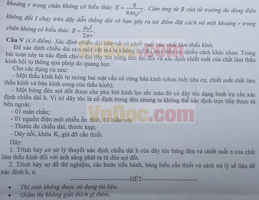 Đề thi học sinh giỏi quốc gia THPT môn Vật lý năm 2016