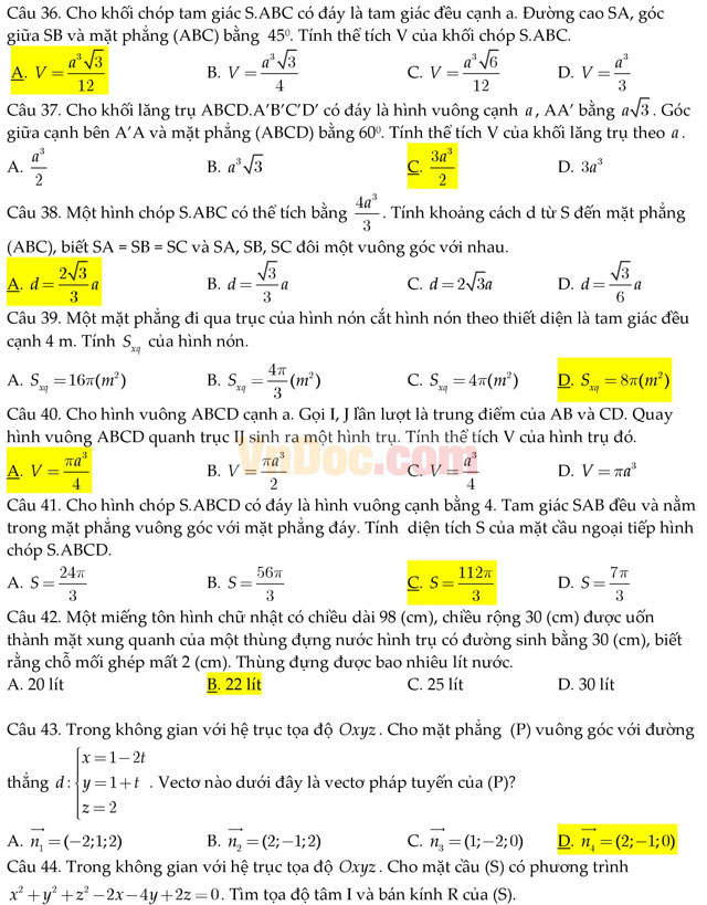 300 câu hỏi trắc nghiệm môn Toán lớp 12 (Có đáp án)