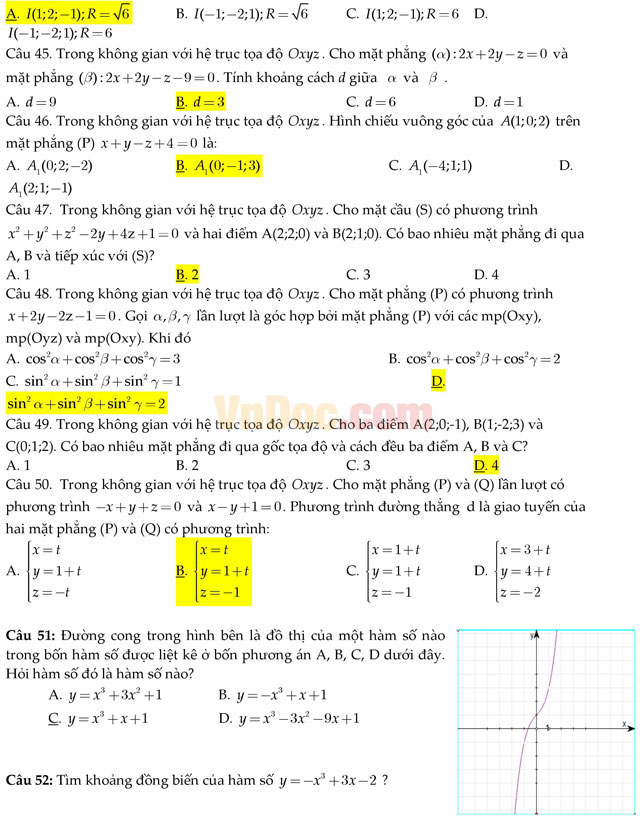 300 câu hỏi trắc nghiệm môn Toán lớp 12 (Có đáp án)