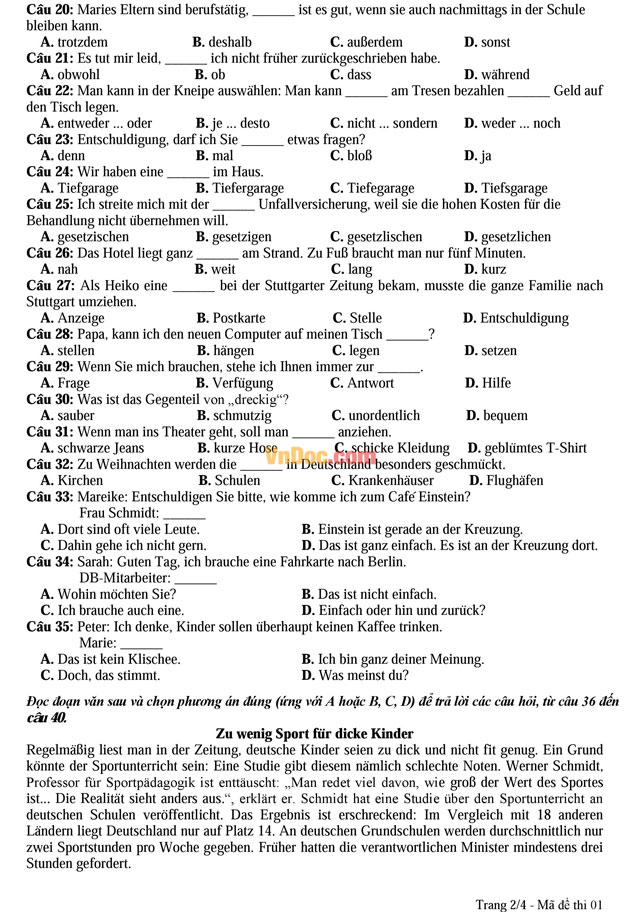 Đề thi thử nghiệm kỳ thi THPT Quốc gia 2017 môn Tiếng Đức