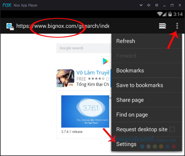 Chọn Settings trên thiết lập trình duyệt