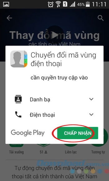 Chấp nhận cài đặt Update Phone Code