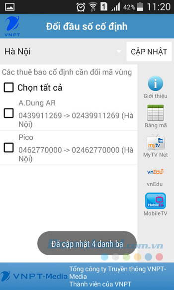Cập nhật danh bạ thành công