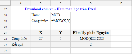 Hàm MOD trên Excel
