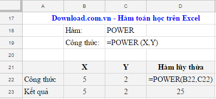 Hàm tính lũy thừa POWER trong Excel