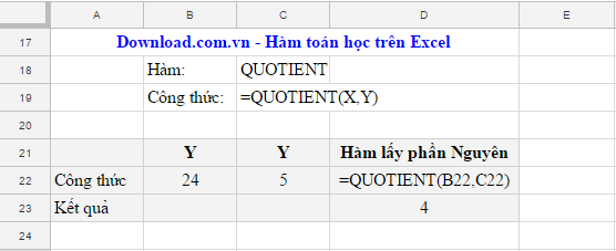 Hàm QUOTIENT trên Excel