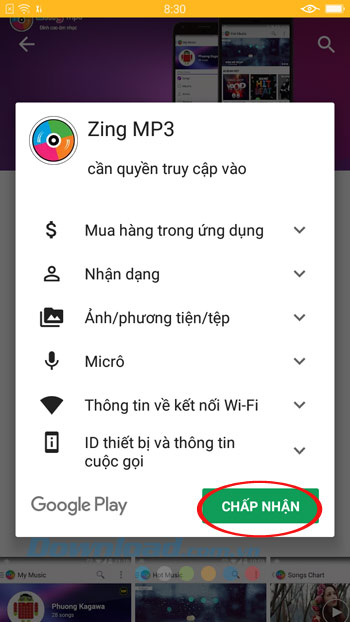 Chấp nhận cài đặt Zing MP3