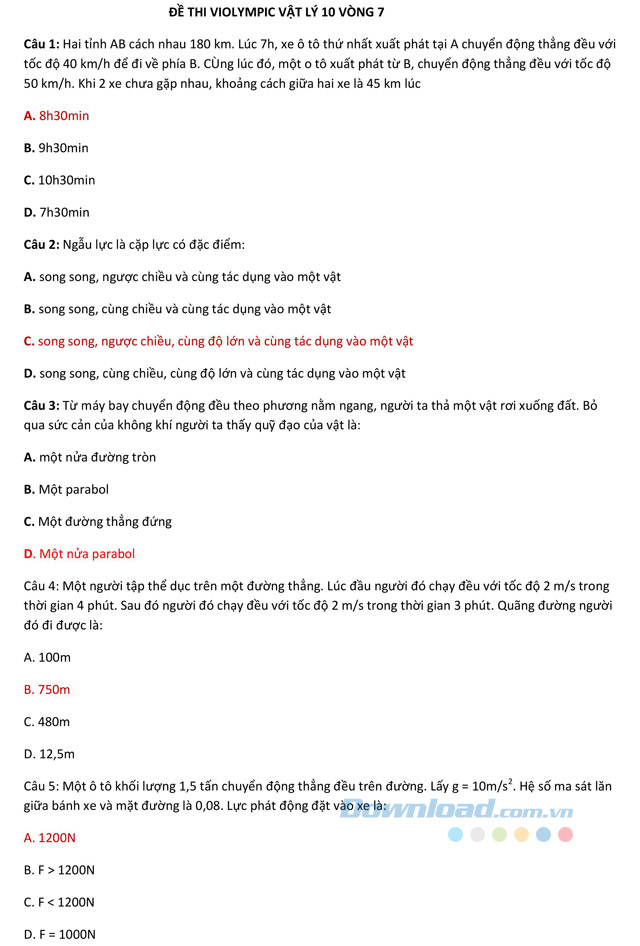 Đề thi Violympic Vật Lý lớp 10 vòng 7