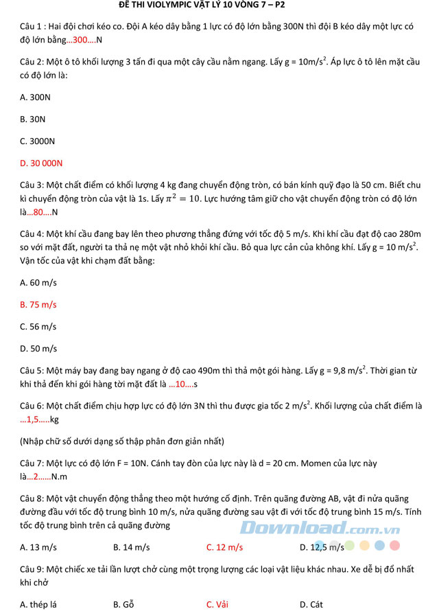 Đề thi Violympic Vật Lý lớp 10 vòng 7
