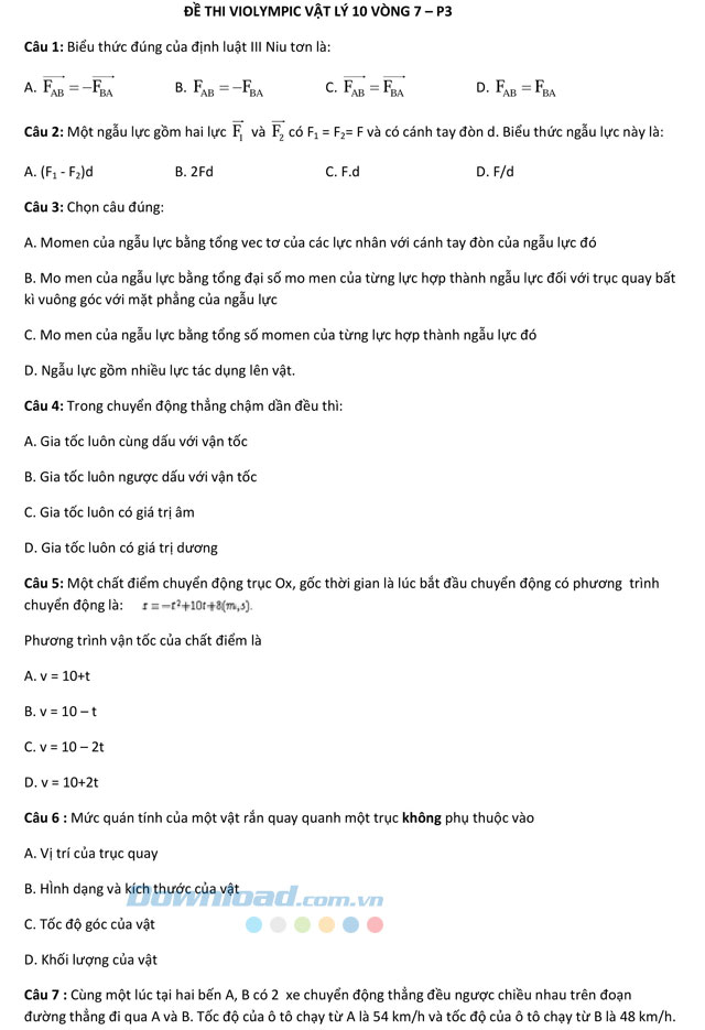 Đề thi Violympic Vật Lý lớp 10 vòng 7