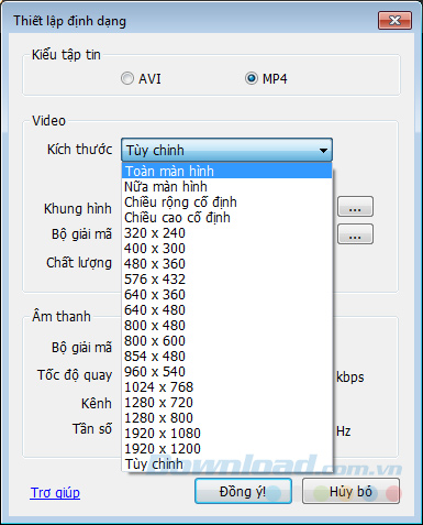 Chọn kích thước Chọn kích thước