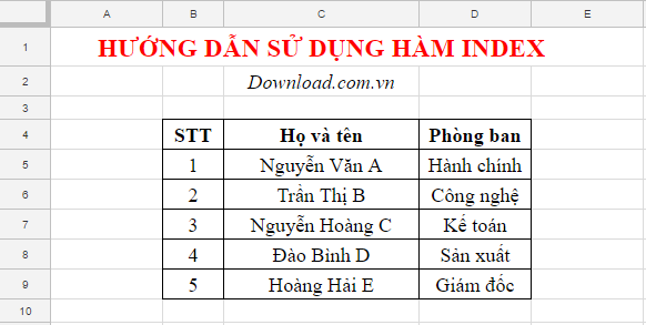 Ví dụ về hàm Index trong Excel và Google Sheets