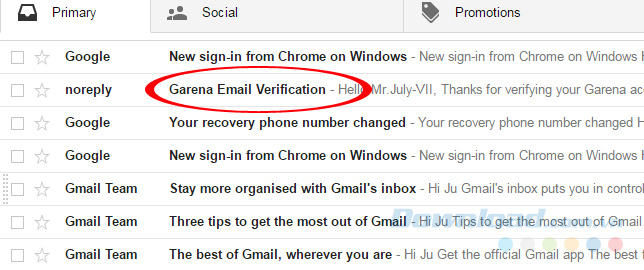 Email từ Garena Email từ Garena