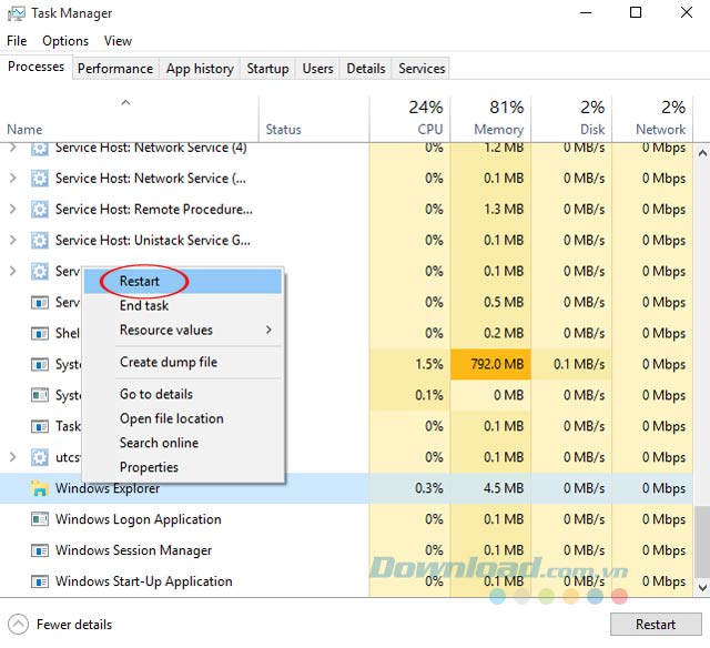Khởi động lại Task Manager Khởi động lại Task Manager