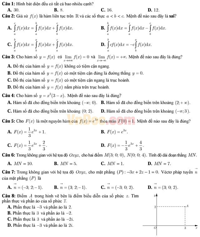 Đề thi trắc nghiệm môn Toán lớp 12 có đáp án