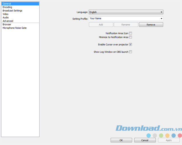 Thiết lập chung cho Open Broadcaster Software