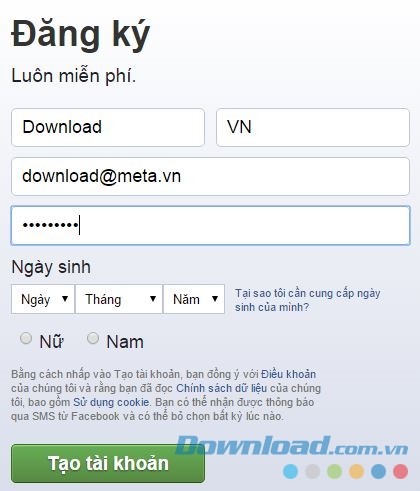 Nhập đầy đủ các thông tin đăng ký Facebook