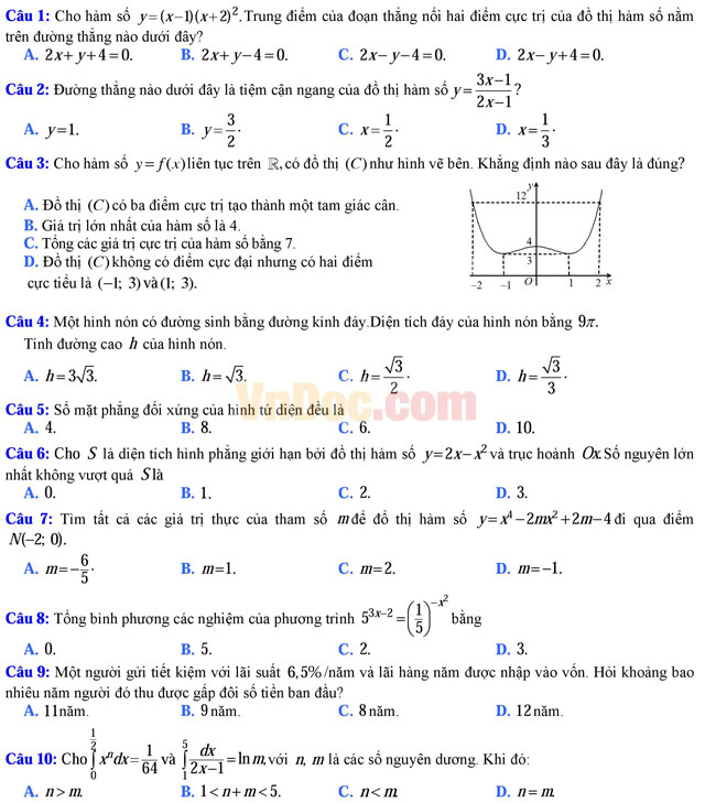 Đề thi trắc nghiệm môn Toán lớp 12 THPT Quốc gia năm 2017 trường THPT Chuyên Nguyễn Quang Diêu, Đồng Tháp (Lần 1) Đề thi trắc nghiệm môn Toán lớp 12 có đáp án