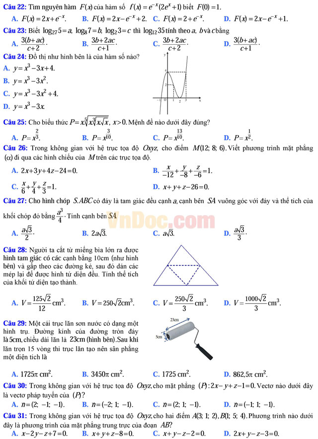 Đề thi trắc nghiệm môn Toán lớp 12 THPT Quốc gia năm 2017 trường THPT Chuyên Nguyễn Quang Diêu, Đồng Tháp (Lần 1) Đề thi trắc nghiệm môn Toán lớp 12 có đáp án