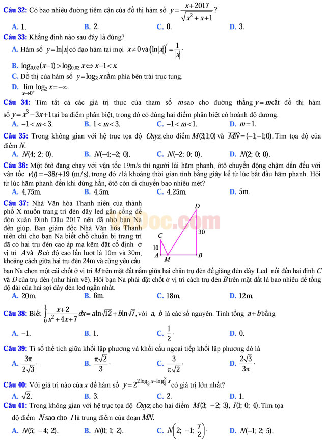 Đề thi trắc nghiệm môn Toán lớp 12 THPT Quốc gia năm 2017 trường THPT Chuyên Nguyễn Quang Diêu, Đồng Tháp (Lần 1) Đề thi trắc nghiệm môn Toán lớp 12 có đáp án