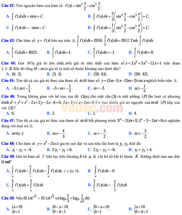 Đề thi trắc nghiệm môn Toán lớp 12 THPT Quốc gia năm 2017 trường THPT Chuyên Nguyễn Quang Diêu, Đồng Tháp (Lần 1) Đề thi trắc nghiệm môn Toán lớp 12 có đáp án
