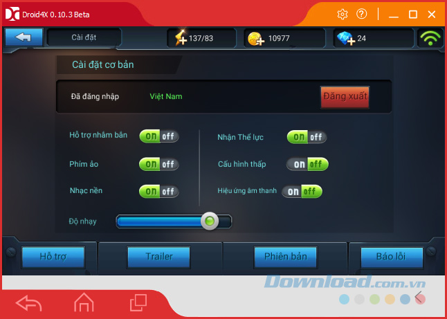 Giao diện cài đặt