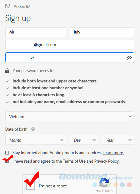 Tick chọn điều khoản