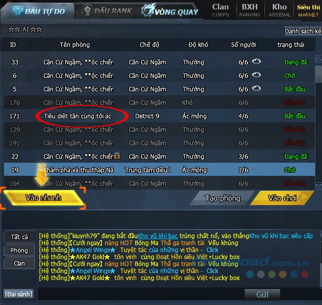 Danh sách các phòng đấu tự to